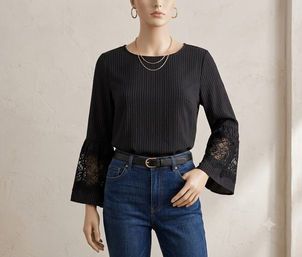Messini Long Bell Sleeve Blouse Top Round Neck Pin-Striped Black Size Small